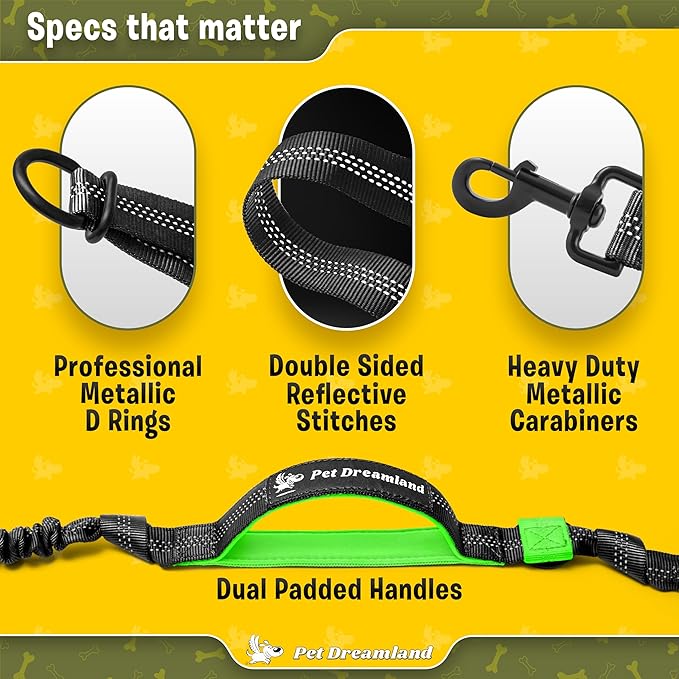 Pet Dreamland Exquisite Hands Free Leash for Two Large Dogs. Premium Quality & Versatile Waist Leash for Dog Walking No Tangle. You Will Absolutely Love This Amazing 2 Dog Gear (Black & Green)