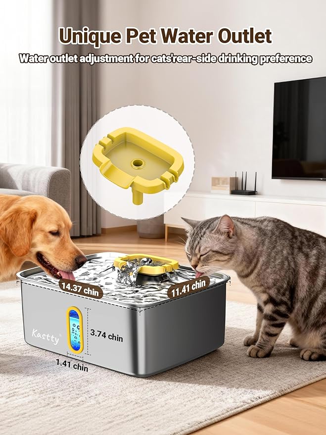 Kastty 3.96 Gal Dog Water Fountain for Large Dogs, 15L Stainless Steel Pet Water Fountain, QuietTriple Filtration Dog Water Bowl Dispenser with Water Level Window and LED Light Easy Clean(FS78,Yellow)