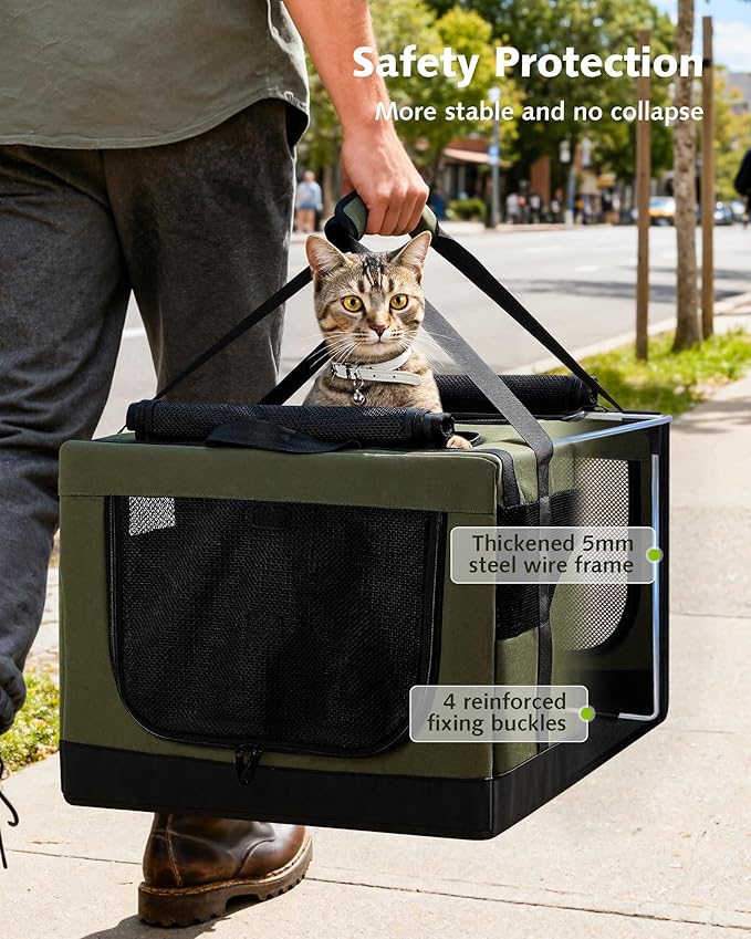 Pecute Cat Carrier for 2 Cats,Dual Cabin Multi Cat Travel Carrier with Removable Divider and Sturdy Frame,Collapsible,Soft,can Hold 20lbs+ for 2 Small Kitten,Medium Dog,Extra Large for Travel,Green