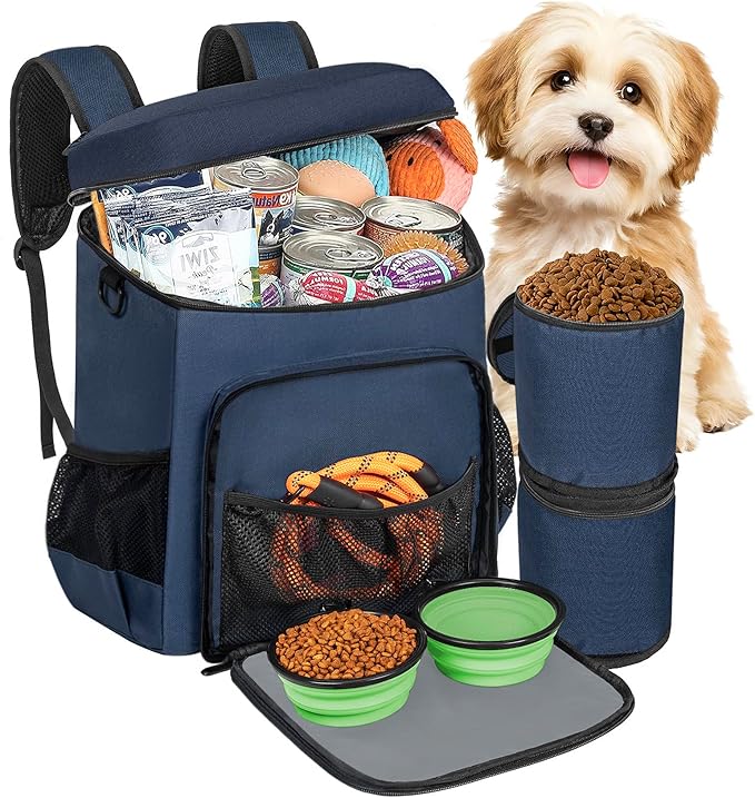 ANILD Dog Travel Backpack - Airline Approved Double-layer Pet Travel Bag Accessories with 2 Food Storage Bag and 2 Foldable Silicone Bowls for Hiking & Camping