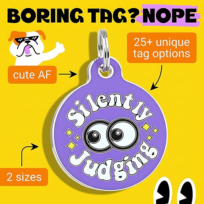 Bad Tags Personalized Dog & Cat ID Tags - Choose from 25+ Tag Designs - Free 5 Lines Custom Engraved - Unique, Cute, Funny, Sassy Pet Tag (Silently Judging - Purple, Large (1.25 inch))
