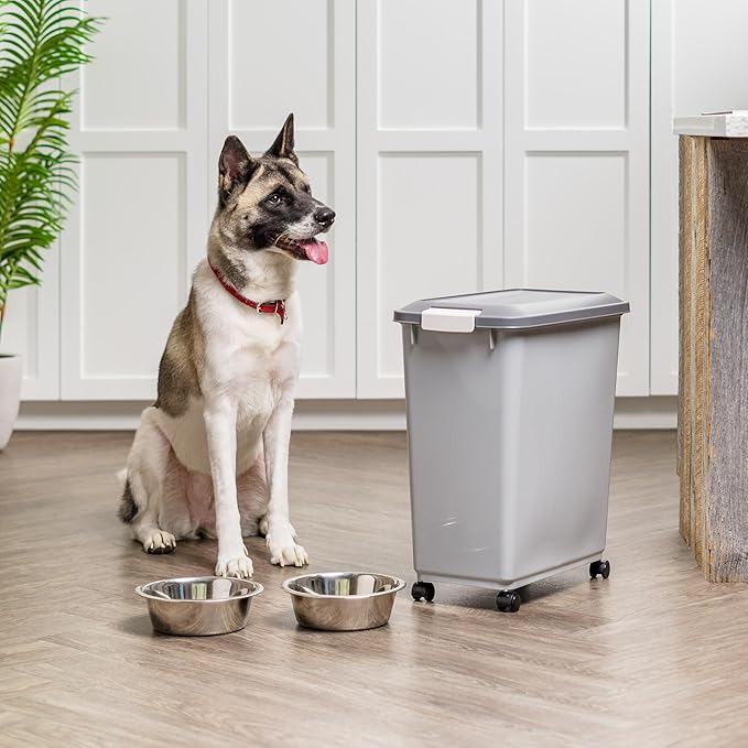 IRIS USA Dog Food Storage Container with Wheels, Airtight Lid, 2-Cup Scoop, Up to 40 Pounds Pet Food Storage, Built in Scoop Storage in Lid, Versatile Pet Food Bin, Portable, BPA Free, Gray/Dark Gray
