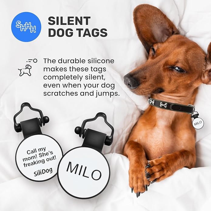 SiliDog - The Original Silicone Silent Dog Tag - Personalized Engraved Soundless Pet ID - As Seen On Shark Tank - Durable - Never Fades