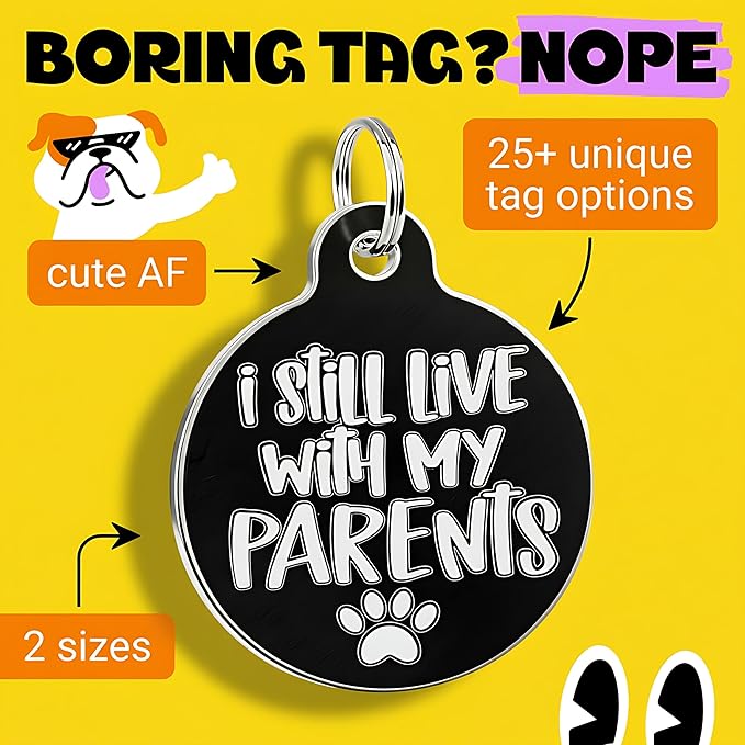 Bad Tags Personalized Dog & Cat ID Tags - Choose from 25+ Tag Designs - Free 5 Lines Custom Engraved - Unique, Cute, Funny, Sassy Pet Tag (I Still Live with My Parents, Large (1.25 inch))