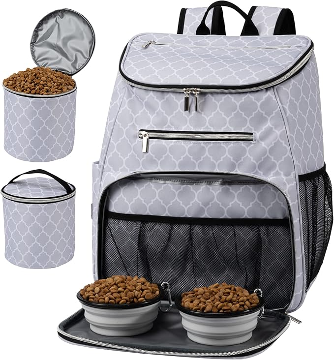 BAGLHER Dog Travel Bag Backpack, Airline Approved Pet Supplies Backpack, Dog Travel Bag with 2 Silicone Collapsible Bowls and 2 Food Baskets DLWhite