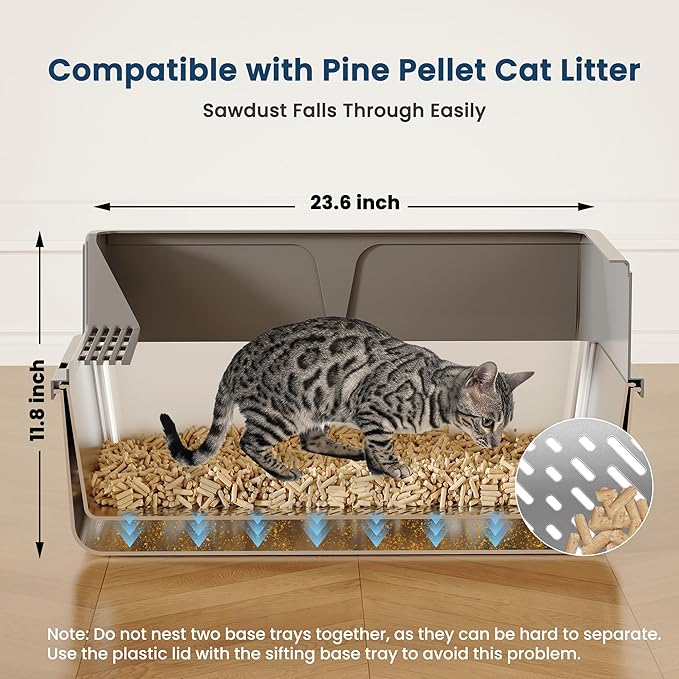 Stainless Steel Sifting Litter Box for Pine Pellets, 23.6" x 15.7" x 11.8" Large Sifting Cat Litter Box with Sifter, High Side for Big Cats, Anti-Leakage, Odor Control, Includes Scooper