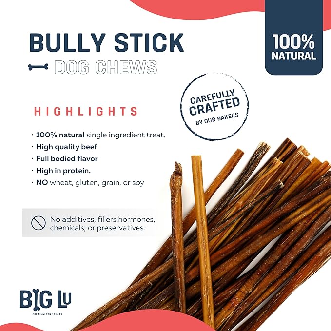 Big Lu - 12” Bully Sticks, 12 Count, Long-Lasting, 100% Grass-Fed Beef Chews for Medium and Large Dogs, Natural Single-Ingredient Fully Digestible Treats, Perfect for Aggressive Chewers