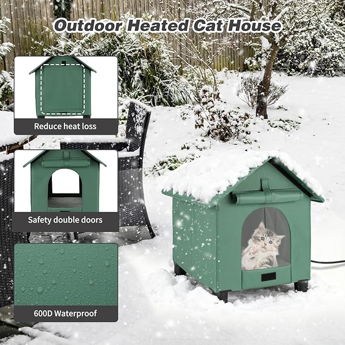 BWOGUE Elevated Heated Cat House for Outdoor Cats in Winter, Waterproof & Insulated Feral Cat Shelter for Outside Cats,Weatherproof Feral Cat House for Outside (Green, S)