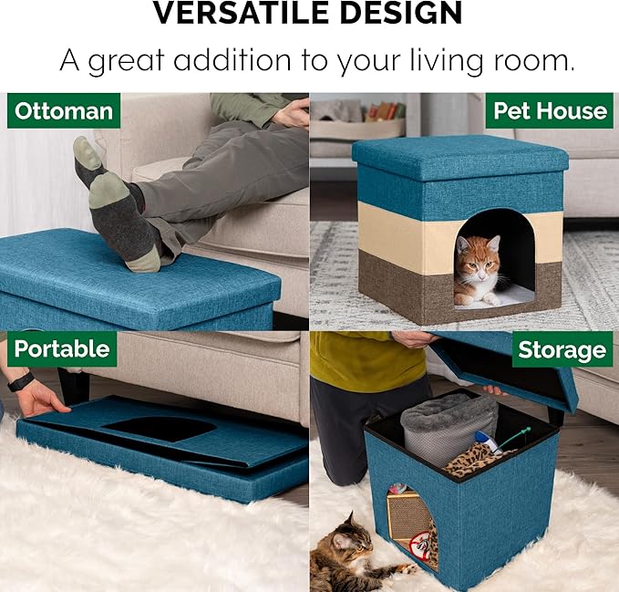 Furhaven Pet House for Indoor Cats & Small Dogs, Collapsible & Foldable w/ Plush Ball Toy - Living Room Footstool Cat Condo - Beach House Stripe (Brown/Blue), Small