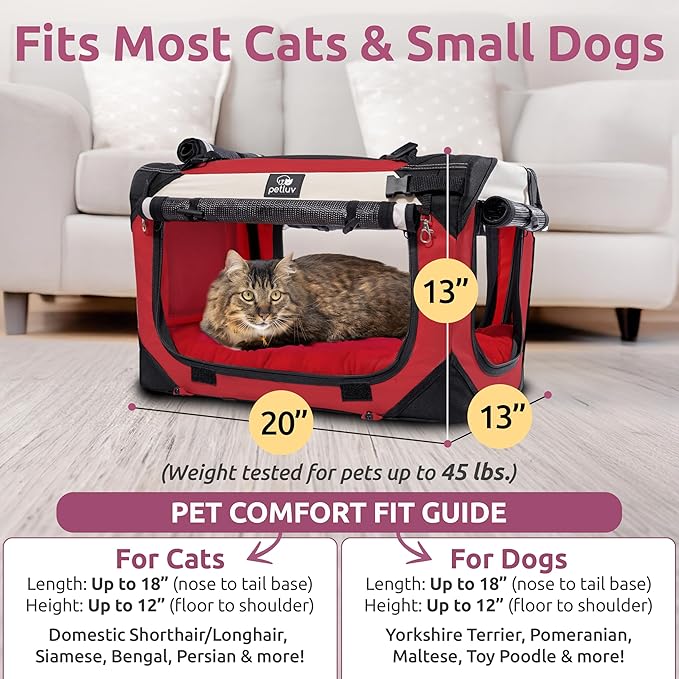 Cat & Dog Pet Carrier, Soft-Sided, Medium 20"x13"x13" Fits Most Cats or Small Dog, Comfortable for Travel & Vet Visits, Privacy Windows, Removable Plush Bed, Locking Zippers, Folds Flat