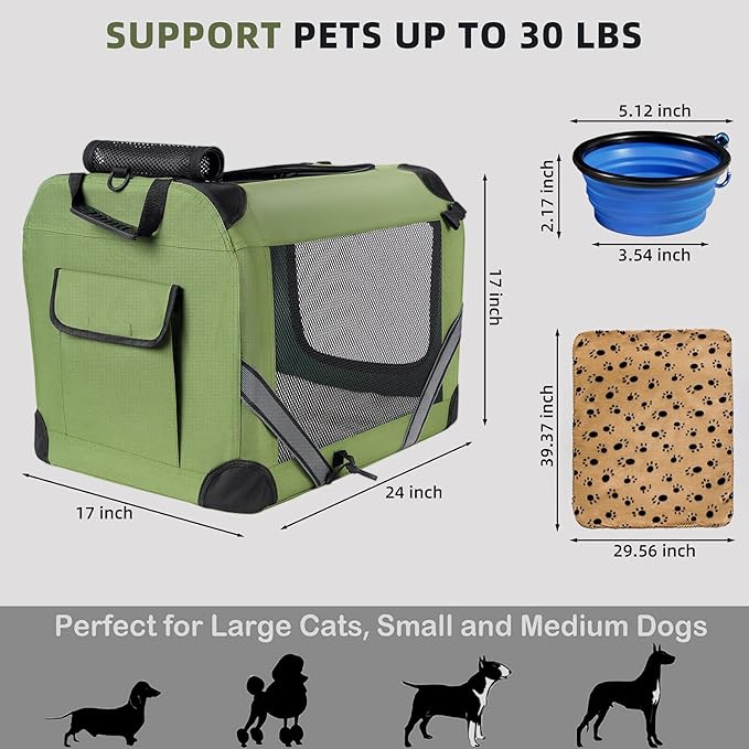 Petprsco Large Cat Carrier for 2 Cats Small Medium Dogs, Soft Pet Carrier 24x17x17 for Traveling with Warm Blanket Foldable Bowl and Washable Pad