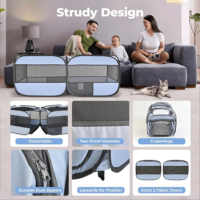 2-in-1 Pop Up Cat Playpen, Detachable into 2 Separate Pens with Additional Doors, Assembly-Free Portable Dog Crates Pet Pen Tent Kennel Kitten Puppy Enclosure Cage Indoor Outdoor Foldable Condo(M)