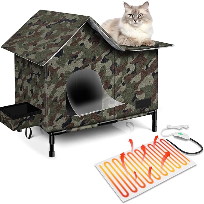 Heated Cat House,Removable Weatherproof Cat Houses for Outdoor Cats with Heating Pad (Camo, Medium)