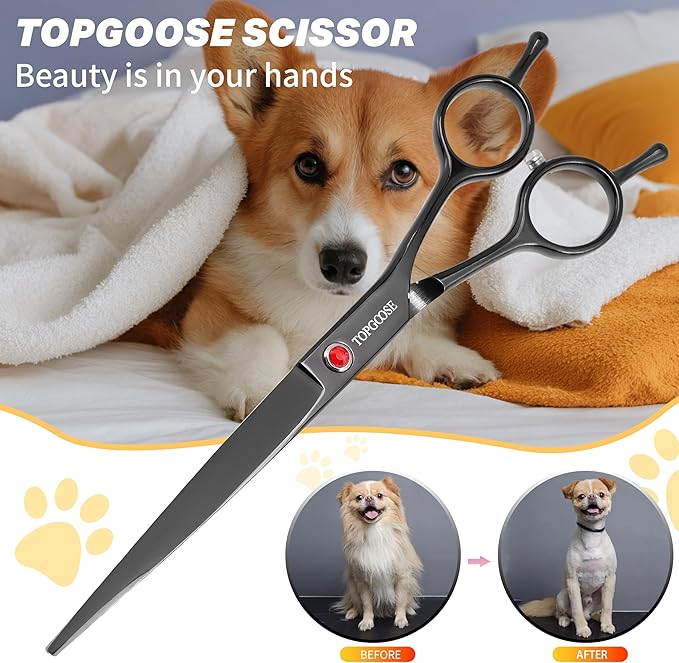 TOPGOOSE 7.5'' Dog Straight Scissors for Grooming 440C Stainless Steel Professional Pet Trimming Scissors Sharp Blades Cutting for Dogs and Cats Shears (Straight, Black)