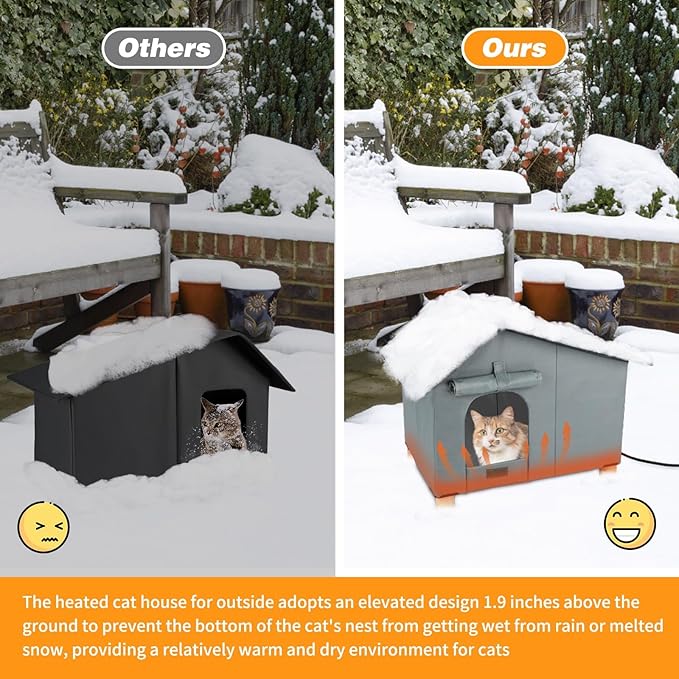 BWOGUE Elevated Heated Cat House for Outdoor Cats in Winter, Waterproof & Insulated Feral Cat Shelter for Outside Cats,Weatherproof Feral Cat House for Outside (Grey, Extra Large)