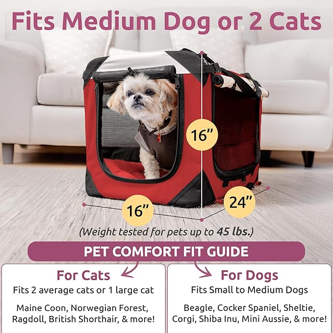 Cat & Dog Pet Carrier, Soft-Sided, Large 24"x16"x16", Fits Large Cat, 2 Cats, or Medium Dog Comfortably, Great for Travel & Vet Visits, Privacy Windows, Removable Bed, Locking Zippers, Foldable
