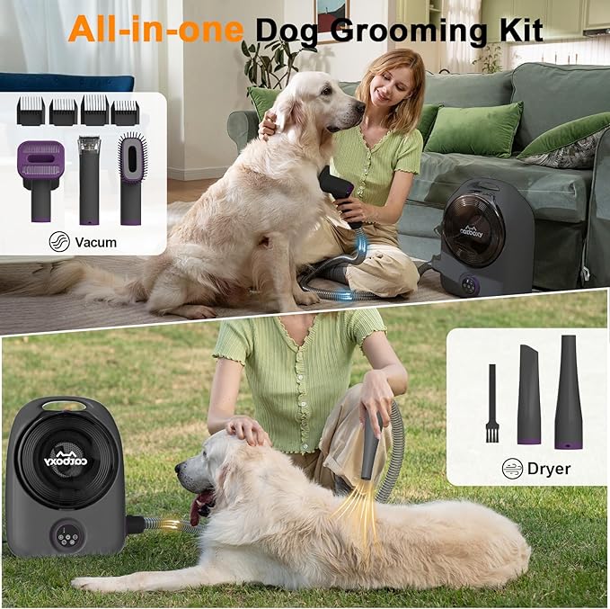 Dog Grooming Vacuum and Pet Dryer, 5-in-1 Dog Grooming Kit for Shedding, Low Noise Doggie Hair Blow Dryer, 2.5L Canister for Cat Vacuum Groomer, Portable Pet Trimmers for Dogs, Purple
