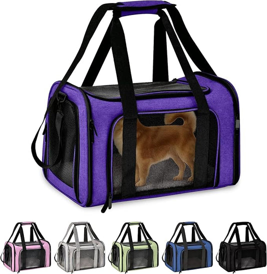 Pet Travel Carrier Bag – Airline Approved Soft-Sided Dog & Cat Carrier, Foldable, Breathable Mesh, Washable Pad – Fits Pets up to 15 lbs – The Pup Quartet (Purple)