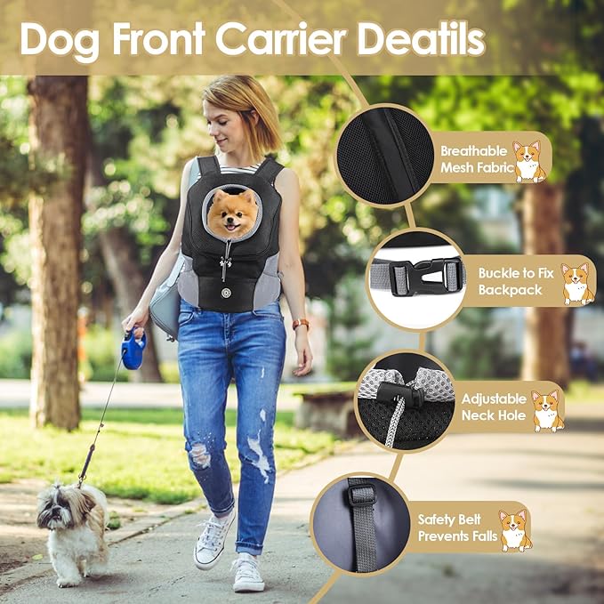 Adjustable Dog Backpack Carrier for Small Dogs, Breathable Front & Back Carry Pet Carrier with Safety Leash, Multi-Pocket Design for Hiking Travel Cycling (Medium)