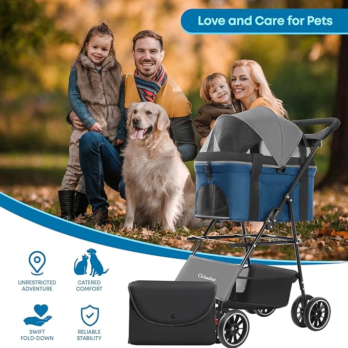 2-in-1 Foldable Pet Stroller with Canopy, 4 Wheels Pet Strolling Cart for Small/Medium Dogs and Cats with Removable Carrier,Breathable Mesh,Mom Tote Bag,Cup Holders,Easy Assembly,Grey+ Green