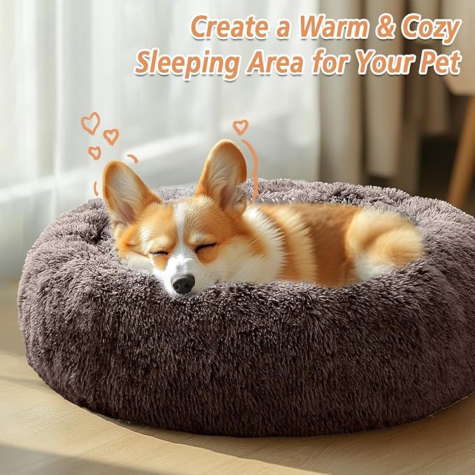 JOLLYVOGUE Calming Dog Beds Large Sized Dog, 36in Donut Washable Large Pet Bed, Anti-Slip & Anti-Anxiety Fluffy Faux Fur Round Dogs Bed, Fits up to 80 lbs Pets （Chocolate）