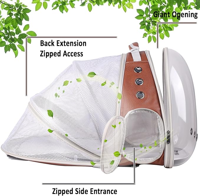 Back Expandable Cat Backpack Carrier, PU Leather Fit up to 12 lbs, Space Capsule Bubble Window Pet Carrier for Bunny Small Puppy, Backpack for Kitten