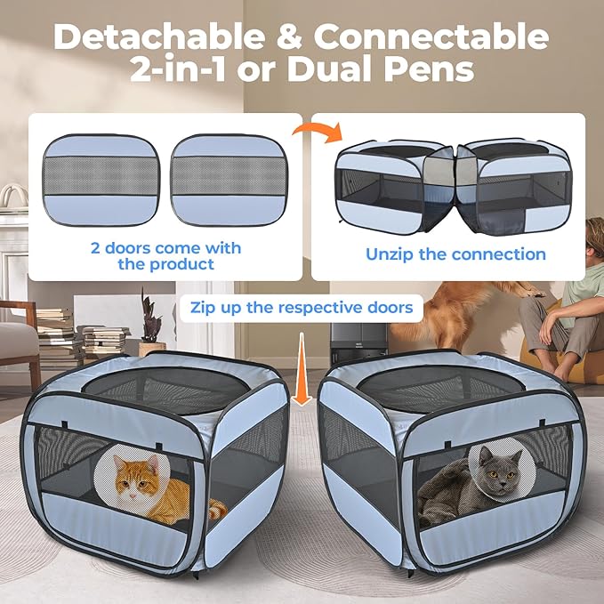 2-in-1 Pop Up Cat Playpen, Detachable into 2 Separate Pens with Additional Doors, Assembly-Free Portable Dog Crates Pet Pen Tent Kennel Kitten Puppy Enclosure Cage Indoor Outdoor Foldable Condo(M)
