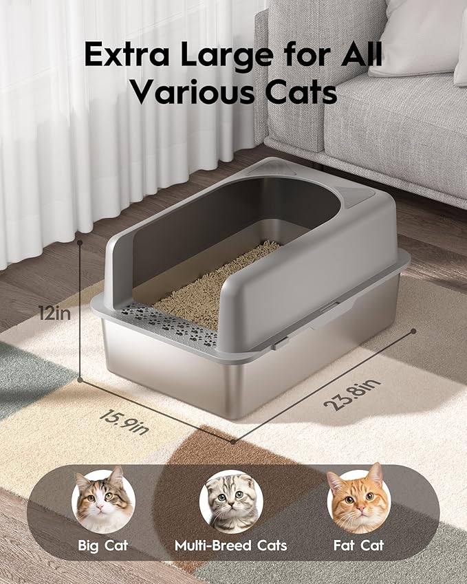 Stainless Steel Cat Litter Box, Extra Large Enclosed Litter Boxs for Big Cats, XL Metal Litter Box with Lid, High Sided, Non Stick, No Smell, Easy to Clean, Included Scoop