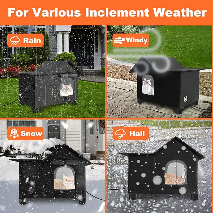 Elevated Large Heated Cat House for Outdoor Cats in Winter, Weatherproof Feral Cat Shelter with 2 Pads, Collaspable Insulated Cat Kennel Outside Stray Cat Hut for Wild Small Animal Rabbit
