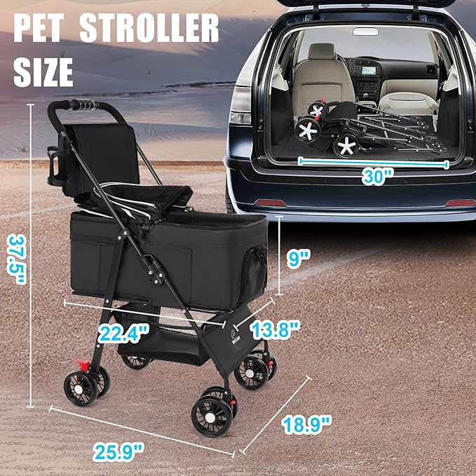 3 in 1 Pet Dog Stroller for Small Medium Dogs 10-50 lbs, Foldable Cat-Strollers for 2-Cats with Removable Carrier, Pet-Strollers for Cats with Storage Bag, Small Puppy-Stroller, Dog-Cart (Black)