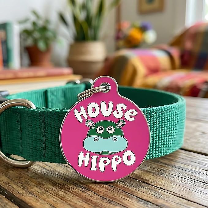 Bad Tags Personalized Dog & Cat ID Tags - Choose from 25+ Tag Designs - Free 5 Lines Custom Engraved - Unique, Cute, Funny, Sassy Pet Tag (House Hippo - Pink, Small (1 inch))