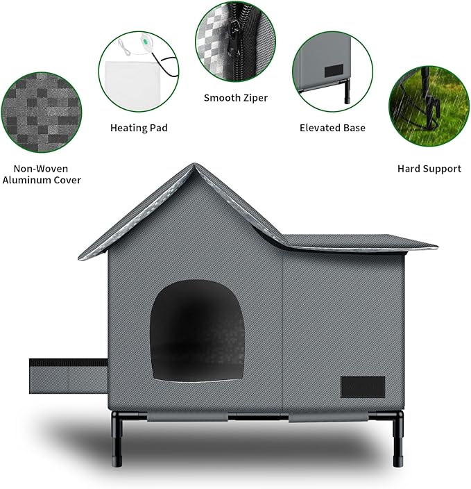 Heated Cat House,Removable Weatherproof Cat Houses for Outdoor Cats with Heating Pad (Gray, Medium)