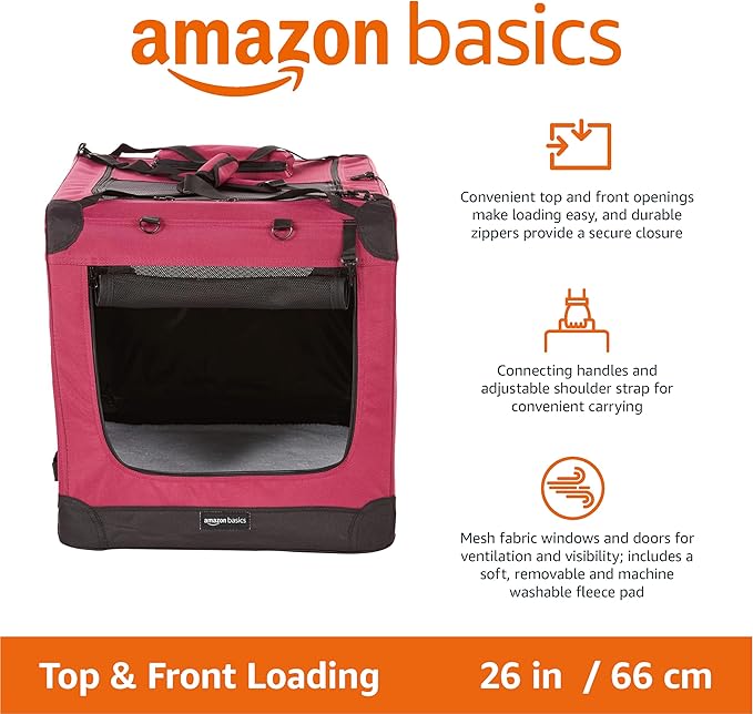 Amazon Basics Folding Portable Soft Pet Dog Crate Carrier Kennel, 26 x 18 x 18 inches, Red