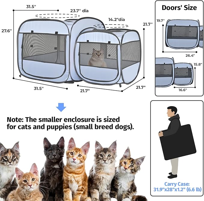 EighteenTek 2-in-1 Portable Cat Playpen, Pop up Large Kitten Playpen, No Assembly Need, Pet Cat Dog Tent Crates Kennel Cage, Cats Enclosure for Dog and Puppy Indoor Outdoor(No Divider, Unified Space)