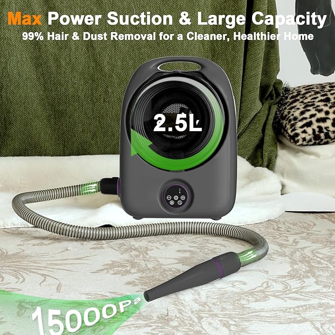 Dog Grooming Vacuum and Pet Dryer, 5-in-1 Dog Grooming Kit for Shedding, Low Noise Doggie Hair Blow Dryer, 2.5L Canister for Cat Vacuum Groomer, Portable Pet Trimmers for Dogs, Purple