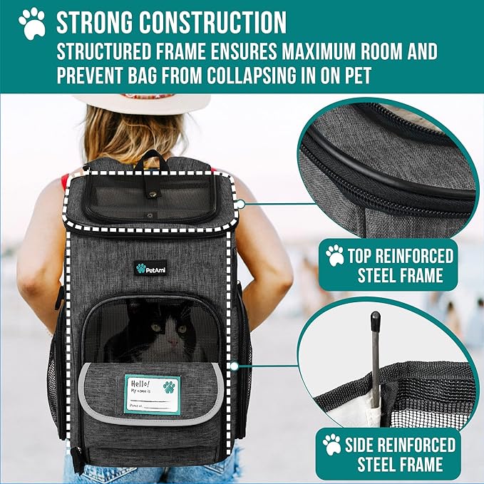 PetAmi Dog Backpack Carrier, Airline Approved Cat Backpacks for Carrying Small Large Cats, Pet Carrier Back Pack, Ventilated Soft Sided for Travel, Hiking, Camping, Max 18 lbs, Charcoal