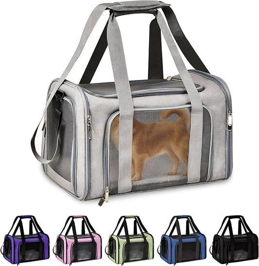 Pet Travel Carrier Bag – Airline Approved Soft-Sided Dog & Cat Carrier, Foldable, Breathable Mesh, Washable Pad – Fits Pets up to 15 lbs – The Pup Quartet (Grey)