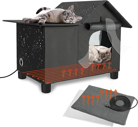 Elevated Large Heated Cat House for Outdoor Cats in Winter, Weatherproof Feral Cat Shelter with 2 Pads, Collaspable Insulated Cat Kennel Outside Stray Cat Hut for Wild Small Animal Rabbit