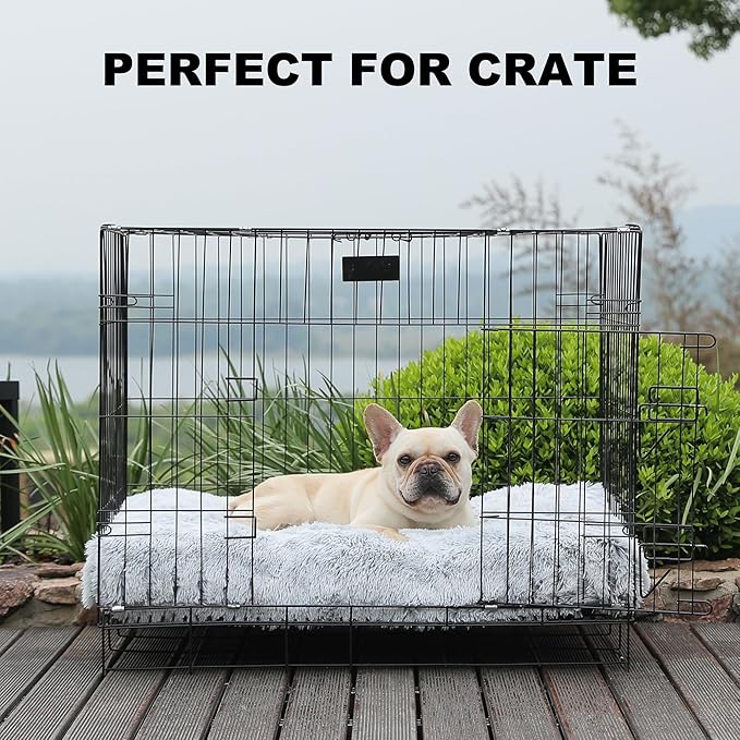 Bedfolks Plush Dog Crate Bed, Washable Cover, Faux Fur Dog Kennel Pad - 35"x23", Grey