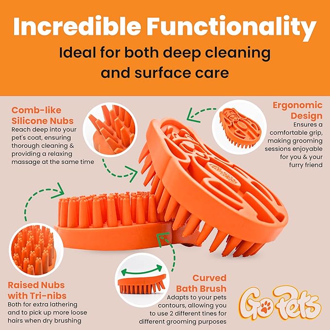 GoPets Dematting Comb & Curry Bath Brush Bundle, Dog Deshedding Brush, Cat Grooming Tool, Undercoat Rake, Mat Remover & Detangler, Silicone Shampoo Scrubber, Massage Tool for Long & Short Hair Pets
