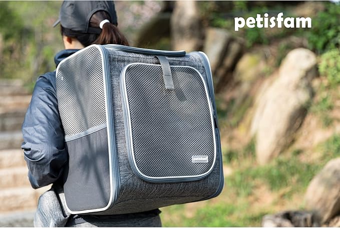 petisfam Ergonomic Design Pet Backpack Carrier for Medium Cats and Small Dogs. Better Stability and Less Turbulence, Well Padded, 4 Pockets, Breathable, Easy Storage