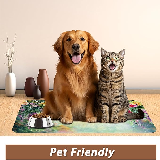 Abstract Spring Flowers Dog Food Mat for Floors,Blossom Ivy Colorful Absorbent Pet Food and Water Bowl Mats,Non-Slip Pet Feeding Mat,Pet Supplies 12" x 20"