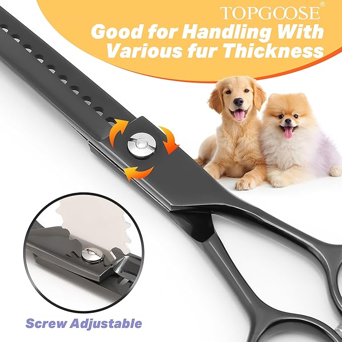 TOPGOOSE 7.5" Dog Grooming Scissor - Professional Thinning Chunker Shear with 18 Teeth Japanese Stainless Steel Hair Scissors for Dogs, Cats and Other Pets (Chunker, Black)
