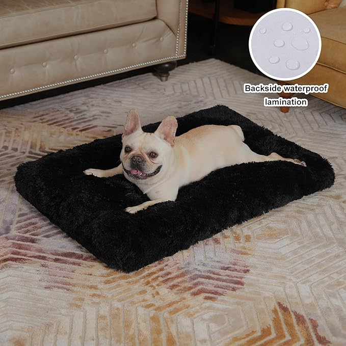 Bedfolks Waterproof Dog Crate Pad, Plush Washable Dog Kennel Bed - 35"x23", Black