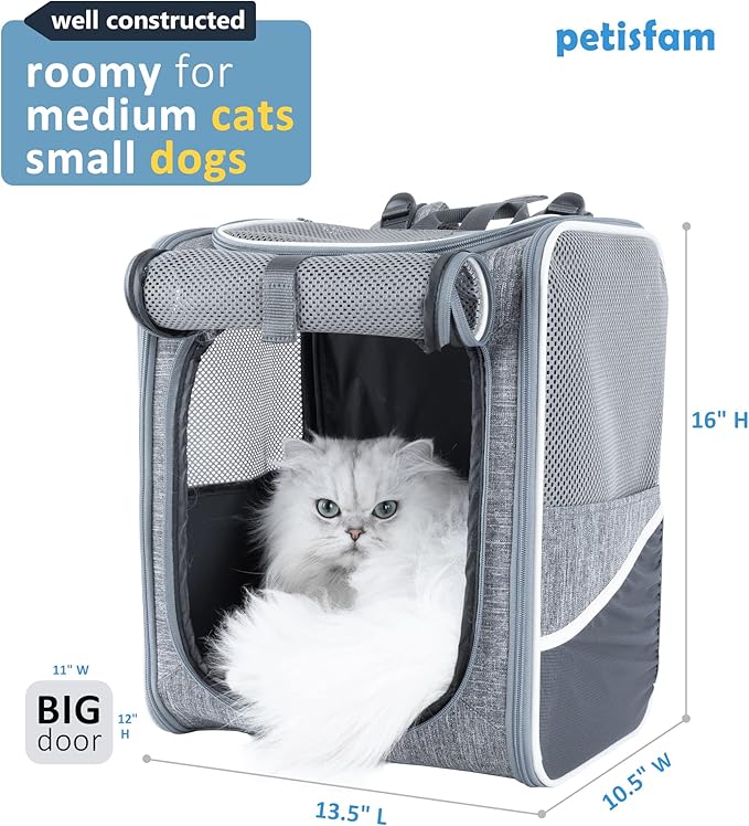 petisfam Ergonomic Design Pet Backpack Carrier for Medium Cats and Small Dogs. Better Stability and Less Turbulence, Well Padded, 4 Pockets, Breathable, Easy Storage