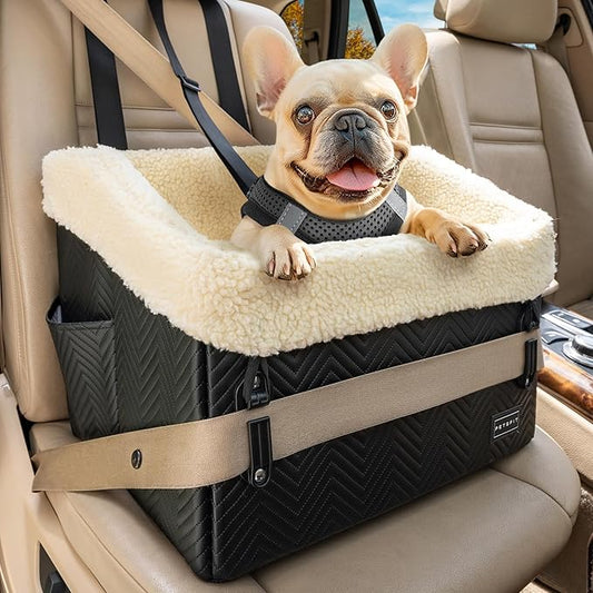 PETSFIT Small Dog Car Seat, Waterproof PU Leather Dog Booster Car Seat with Patented Safe Buckles, Detachable Washable Cushion, 2 Storage Pockets, Dog Car Seat Medium Sized Dog up to 30 lbs (Black)