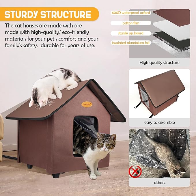 Heated Cat Houses for Outdoor Cats - Elevated Weatherproof Insulated Heated Outdoor Cat House for Winter - Feral Cat Shelter for Outside Cats - Outdoor Heated Cat House (Brown)
