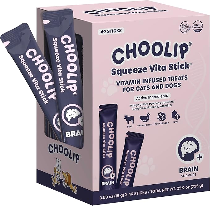 Choolip Squeeze Vita Stick Lickable Cat and Dog Treats, 49-Count Brain Support Variety Pack, Chicken and Tuna with DHA, CoQ10 and Vitamin E