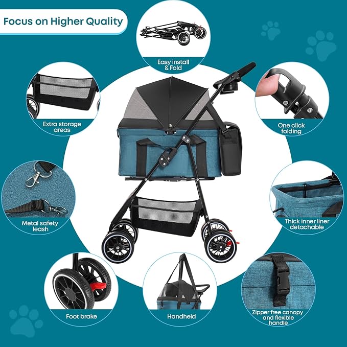 2-in-1 Foldable Pet Stroller with Canopy, 4 Wheels Pet Strolling Cart for Small/Medium Dogs and Cats with Removable Carrier,Breathable Mesh,Mom Tote Bag,Cup Holders,Easy Assembly,Black+Green