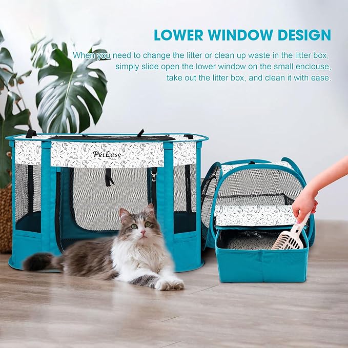 Portable 2-in-1 Dog Crate playpen, Outdoor Cat Playpen with Litter Box Area for Indoor Cats Enclosed Rabbit Puppy Hamster Indoor/Outdoor Cats Enclosure Cages Tent (Peacock Blue)